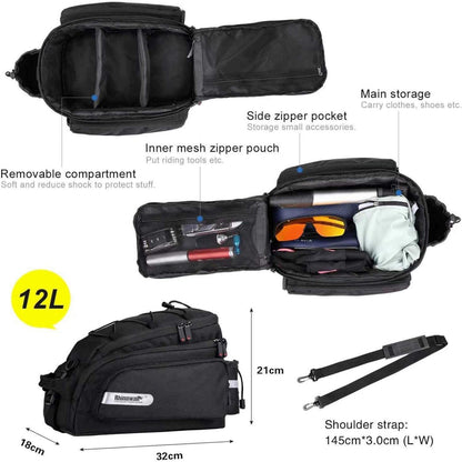 Fahrrad Gepäckträgertasche 12L Schwarz mit Regenschutz & Schultergurt
