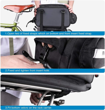 Fahrrad Gepäckträgertasche 12L Schwarz mit Regenschutz und Schultergurt