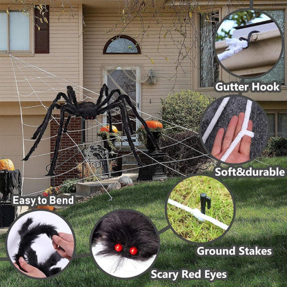 iZoeL XL Halloween Deko Set: Riesiges Spinnennetz, 150cm Spinne, Spinnweben, 30 Mini Spinnen