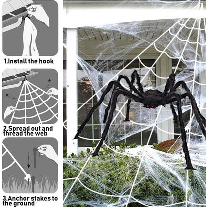 Halloween Deko Set: XXL Spinnennetz 700cm + Riesenspinne