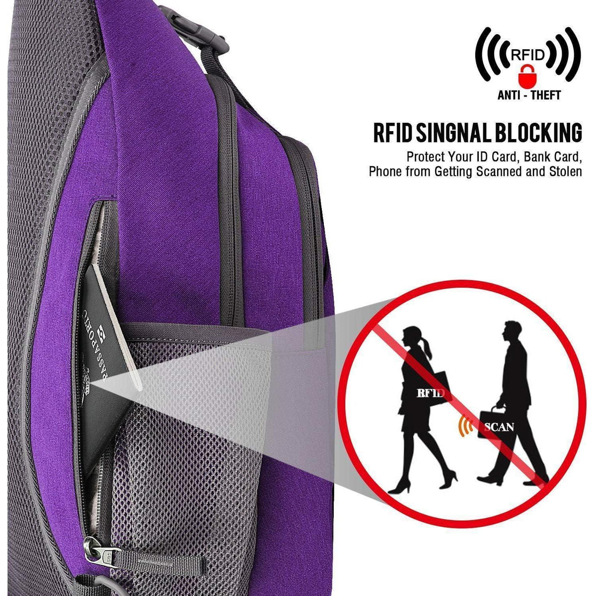 Sling Bag Rucksack mit Diebstahlschutz, Violett/Grau
