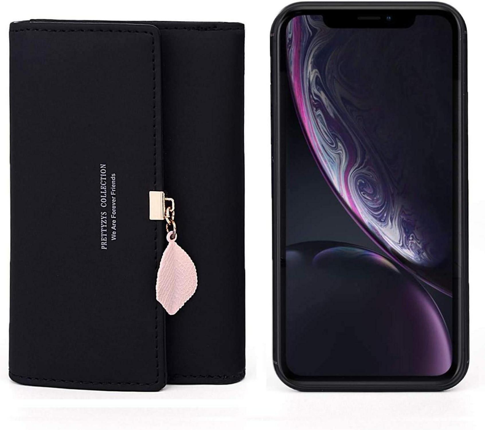 Geldbörse Damen Schwarz Elegant Portemonnaie Fächer