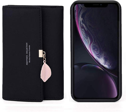 Geldbörse Damen Schwarz Elegant Portemonnaie Fächer