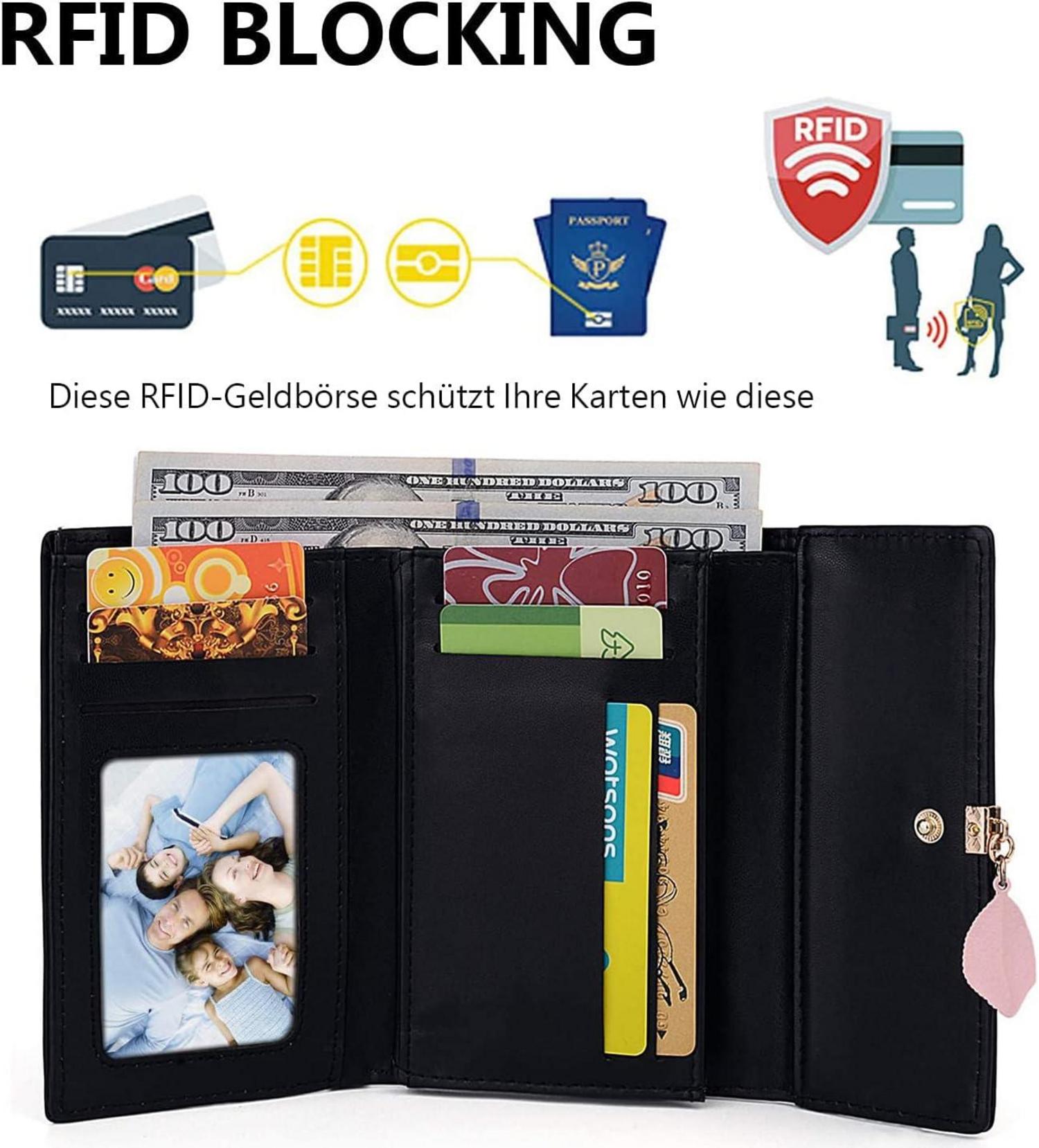 ANYWN Damen Geldbörse Schwarz Leder mit vielen Fächern