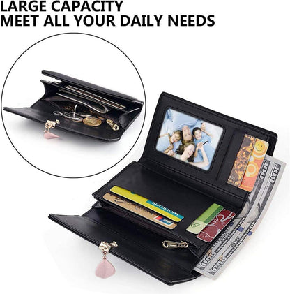 ANYWN Damen Geldbörse Portemonnaie Schwarz 7 Kartenfächer 8.5x2.5cm