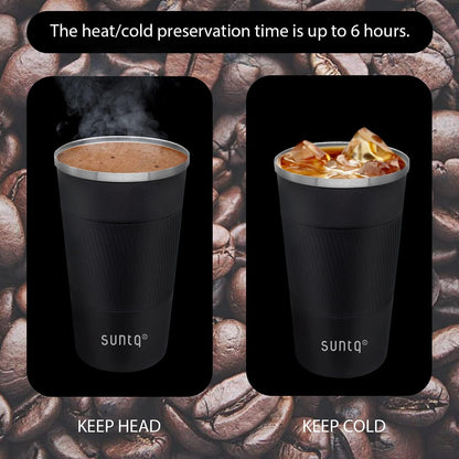 SUNTQ Kaffeebecher to go Thermo Edelstahl Doppelwand Isoliert Schwarz 380ml