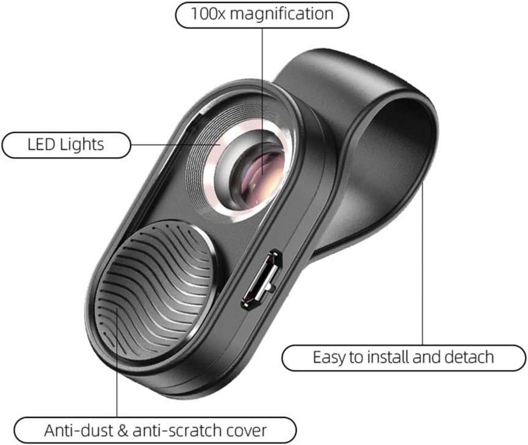 100x Mini-Mikroskop LED-Objektiv für Smartphone, USB-Ladekabel