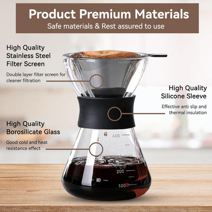 Pour Over Kaffeemaschine 400ml Borosilikatglas Edelstahl
