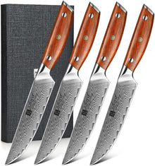 Steakmesser Set Damaststahl Premium 4-teilig - Geschenkbox- Roseholz