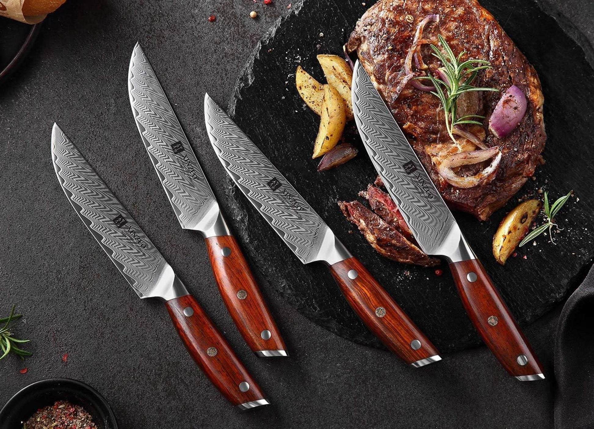 XINZUO Damaststahl Steakmesser Set 4-teilig 12.7cm Besteckmesser Scharf