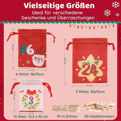 Anpro Adventskalender DIY Befüllen Stoffsäckchen, 24