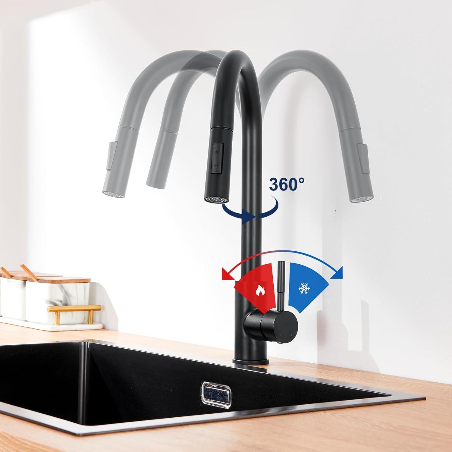 Wasserhahn Küche Schwarz Hochdruck Ausziehbar 360° Mischbatterie Edelstahl Brause