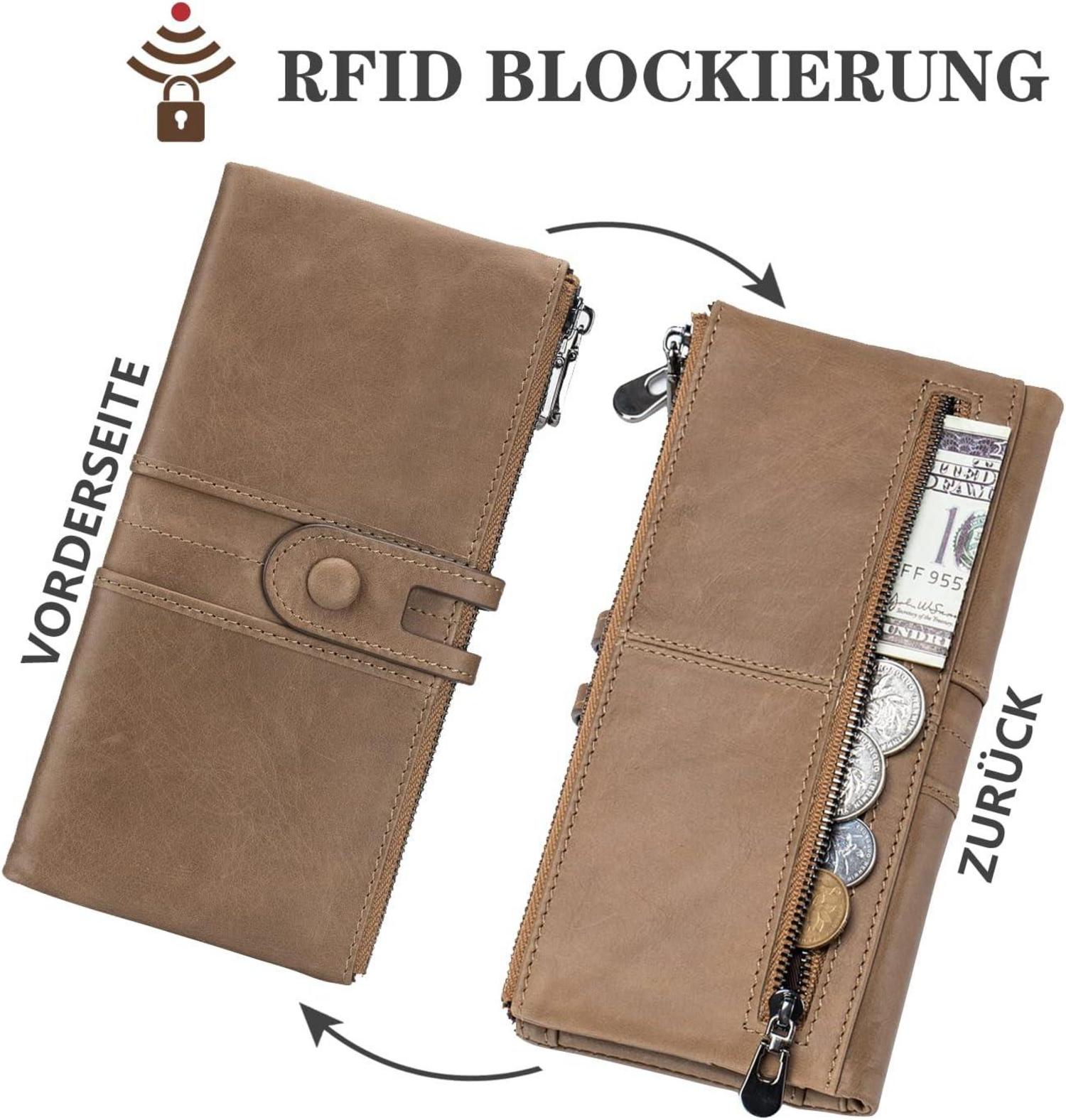 Roulens Große Vintage Leder Geldbörse RFID Damen 13 Kartenfächer Handyfach Echtleder - Apricot