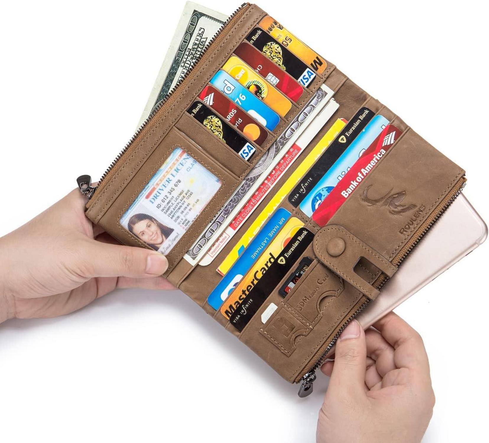 Damen Geldbörse Vintage Leder RFID Schutz 13 Kartenfächer apricot