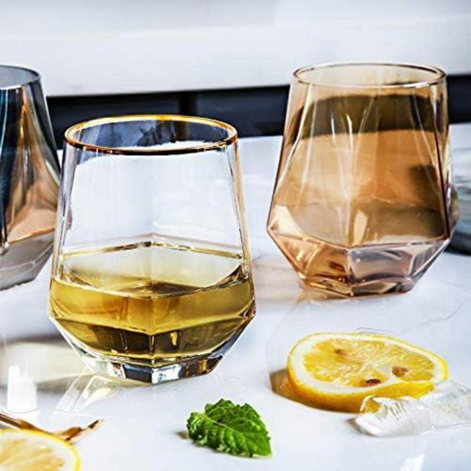 Whiskyglas Set 6er Diamond Glasses Scotchglas 300ml Moderner Look Männer Frauen Papa Freunde Bourbon Rum Tumbler Klar Goldrand