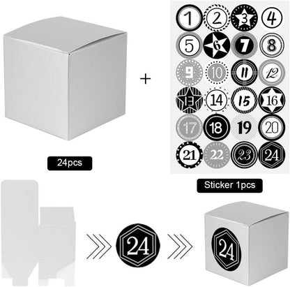 Adventskalender zum Befüllen Silber 24 Boxen mit Zahlenaufklebern