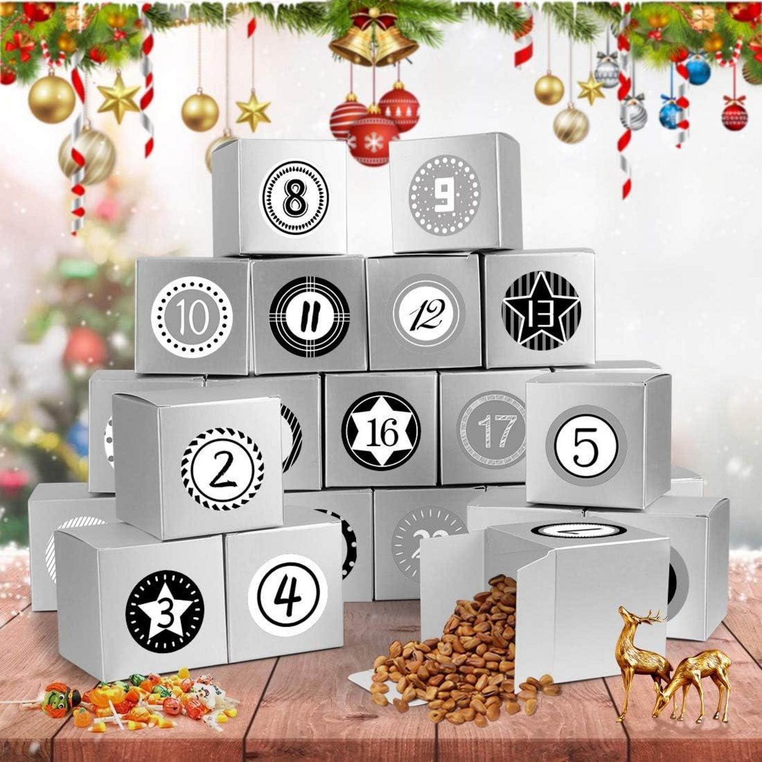 DIY Adventskalender zum Befüllen Boxen 24 Stk. Geschenkbox Weihnachten Silber
