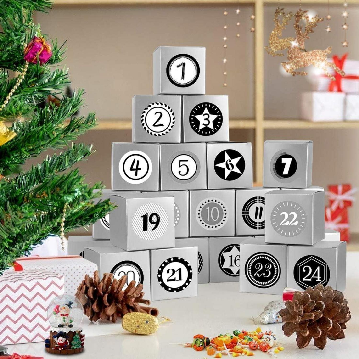 DIY Adventskalender zum Befüllen Boxen 24 Stk. Geschenkbox Weihnachten Silber