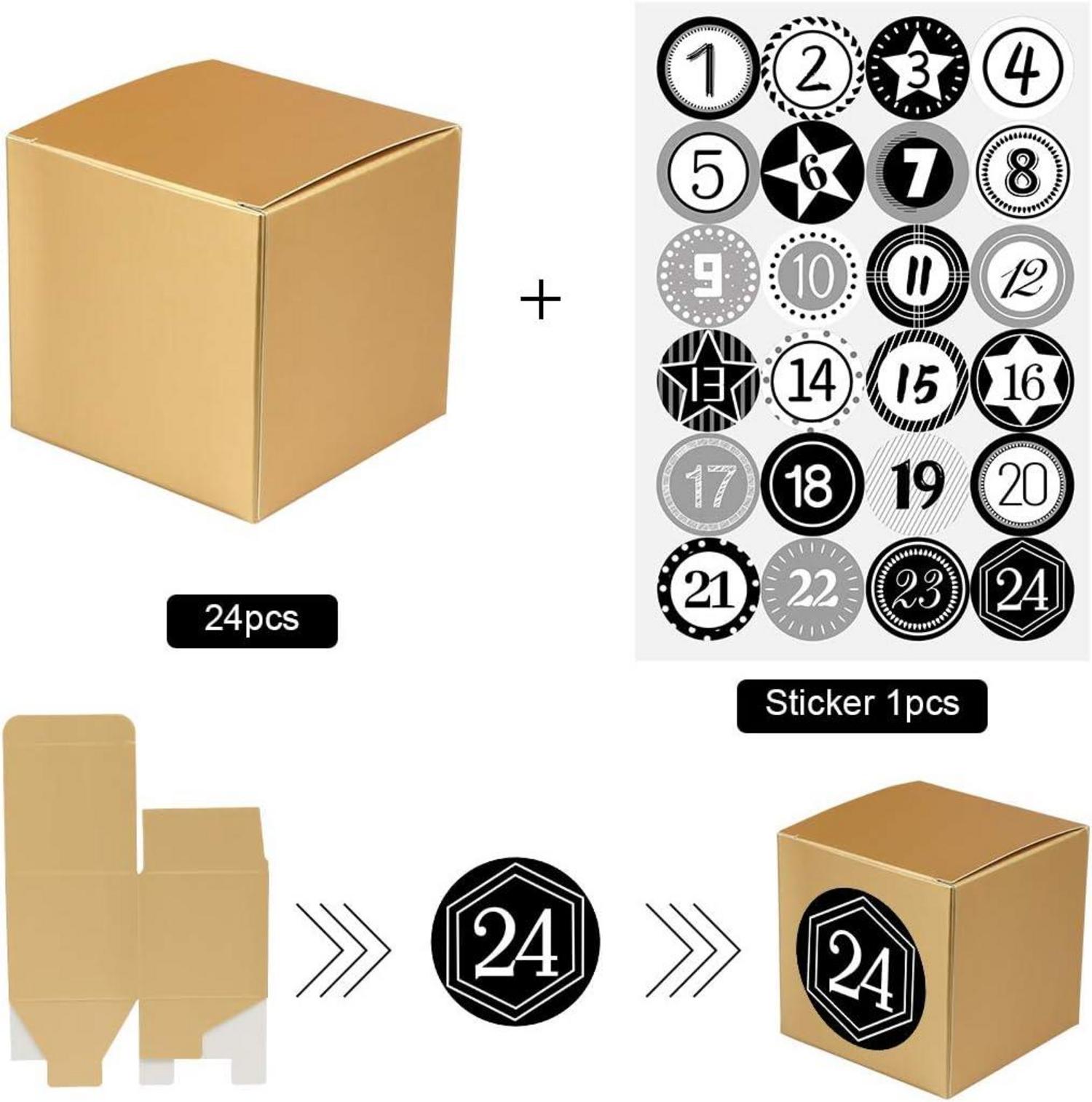 Adventskalender zum Selber Befüllen 24 Boxen mit Zahlenaufklebern Goldene Weihnachts DIY