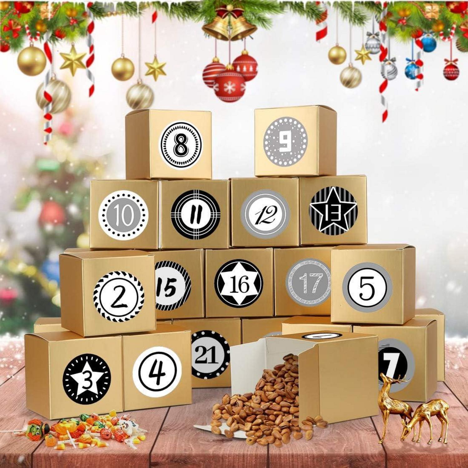 Adventskalender 24 Boxen Zahlenaufkleber Weihnachten DIY Golden