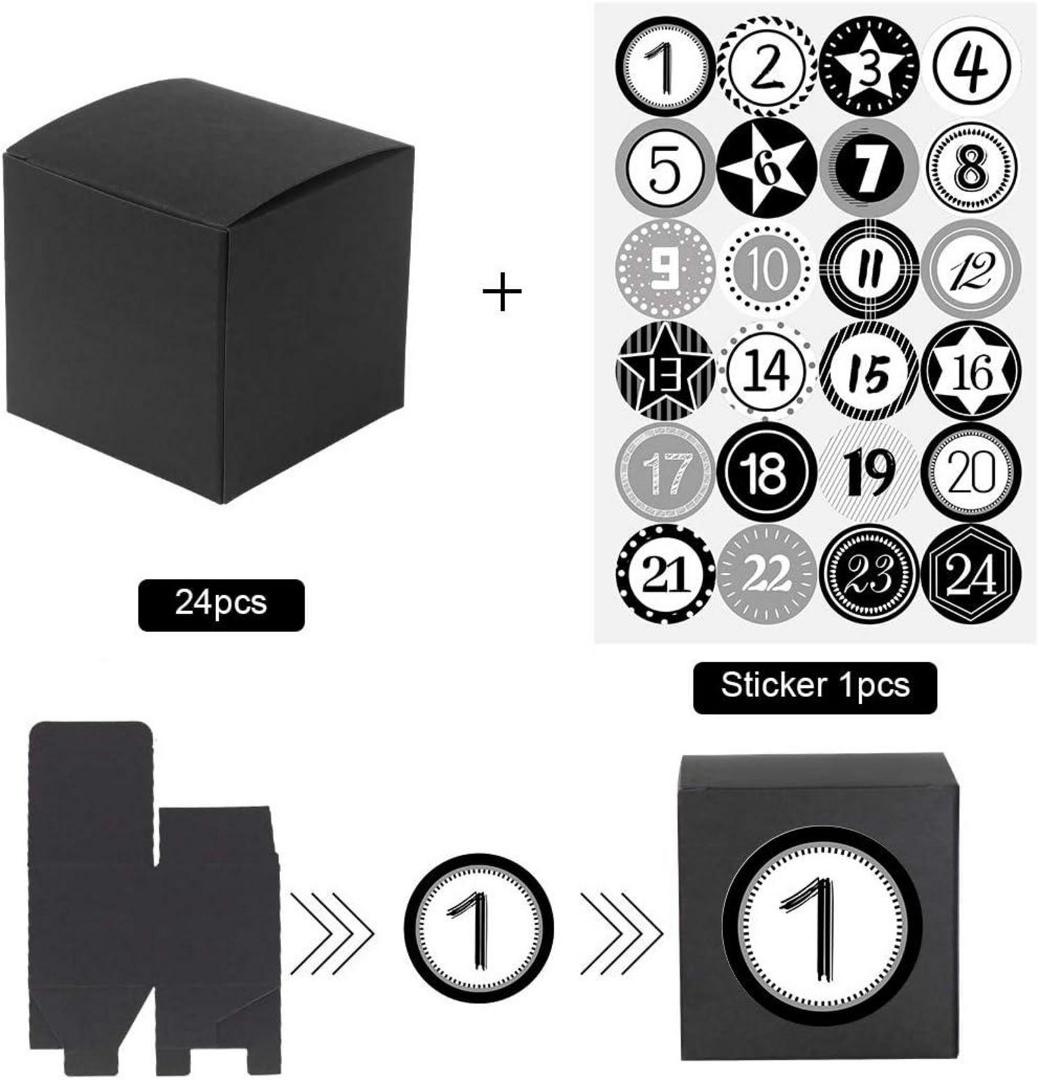 Adventskalender zum Befüllen 24er DIY Geschenkbox Schwarz Zahlenaufkleber
