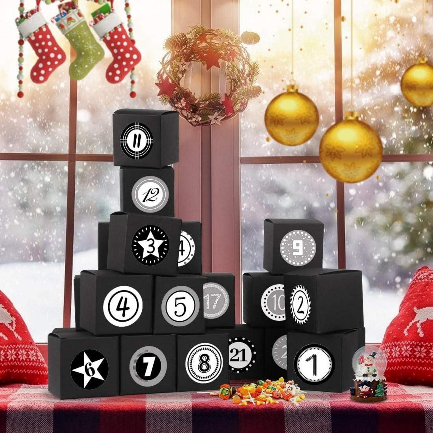Adventskalender 24 schwarze Geschenktüten Weihnachtliches DIY 2024