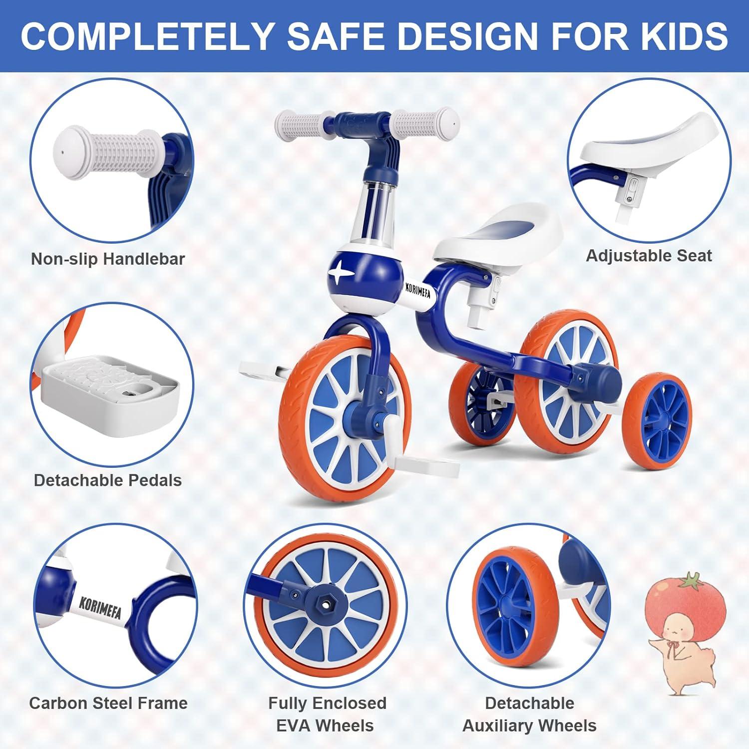 KORIMEFA 4 in 1 Laufrad Kinderdreirad Lauffahrrad Blau
