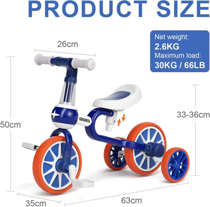 KORIMEFA 4in1 Laufrad Kinderdreirad Lauffahrrad Blau 1-4 Jahre Vibration