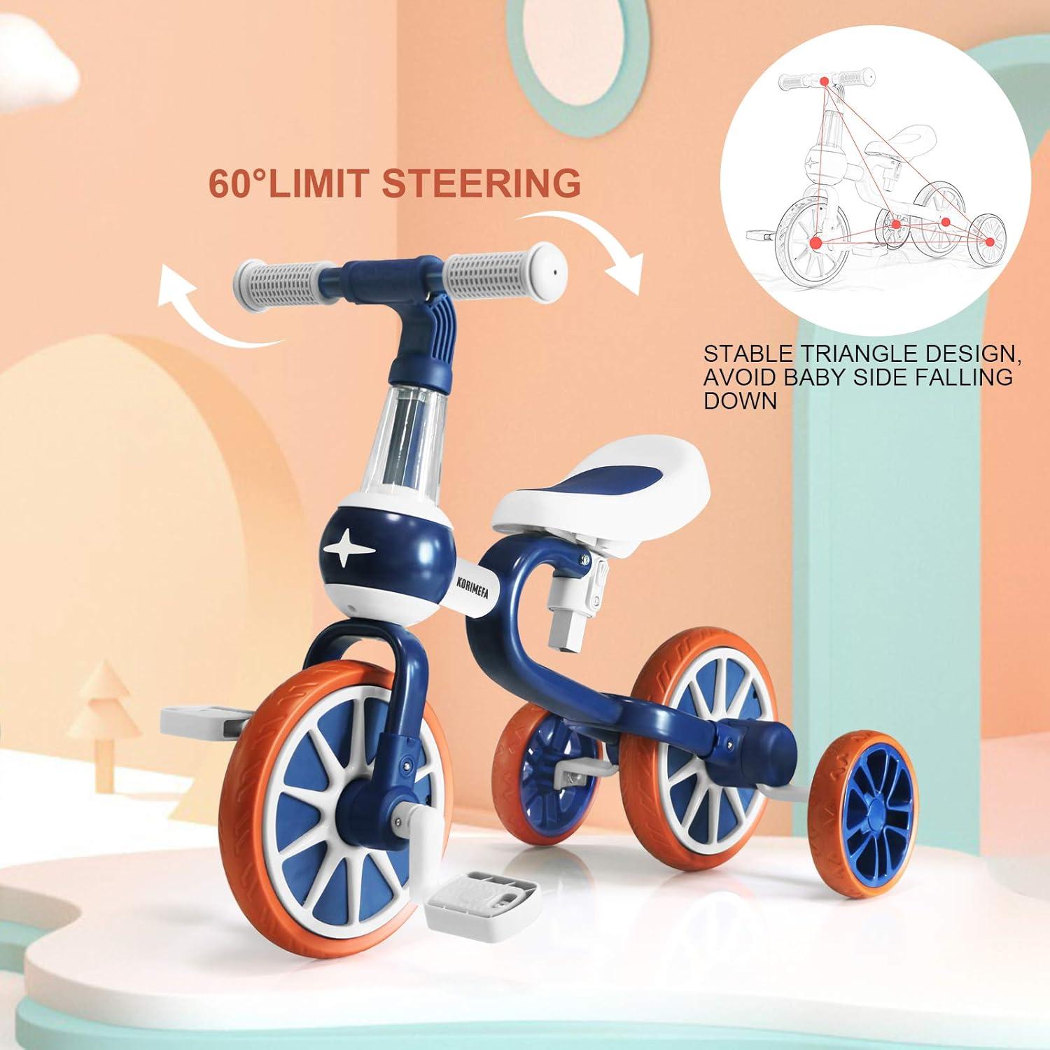 KORIMEFA 4in1 Laufrad Kinderdreirad Lauffahrrad Blau 1-4 Jahre Vibration
