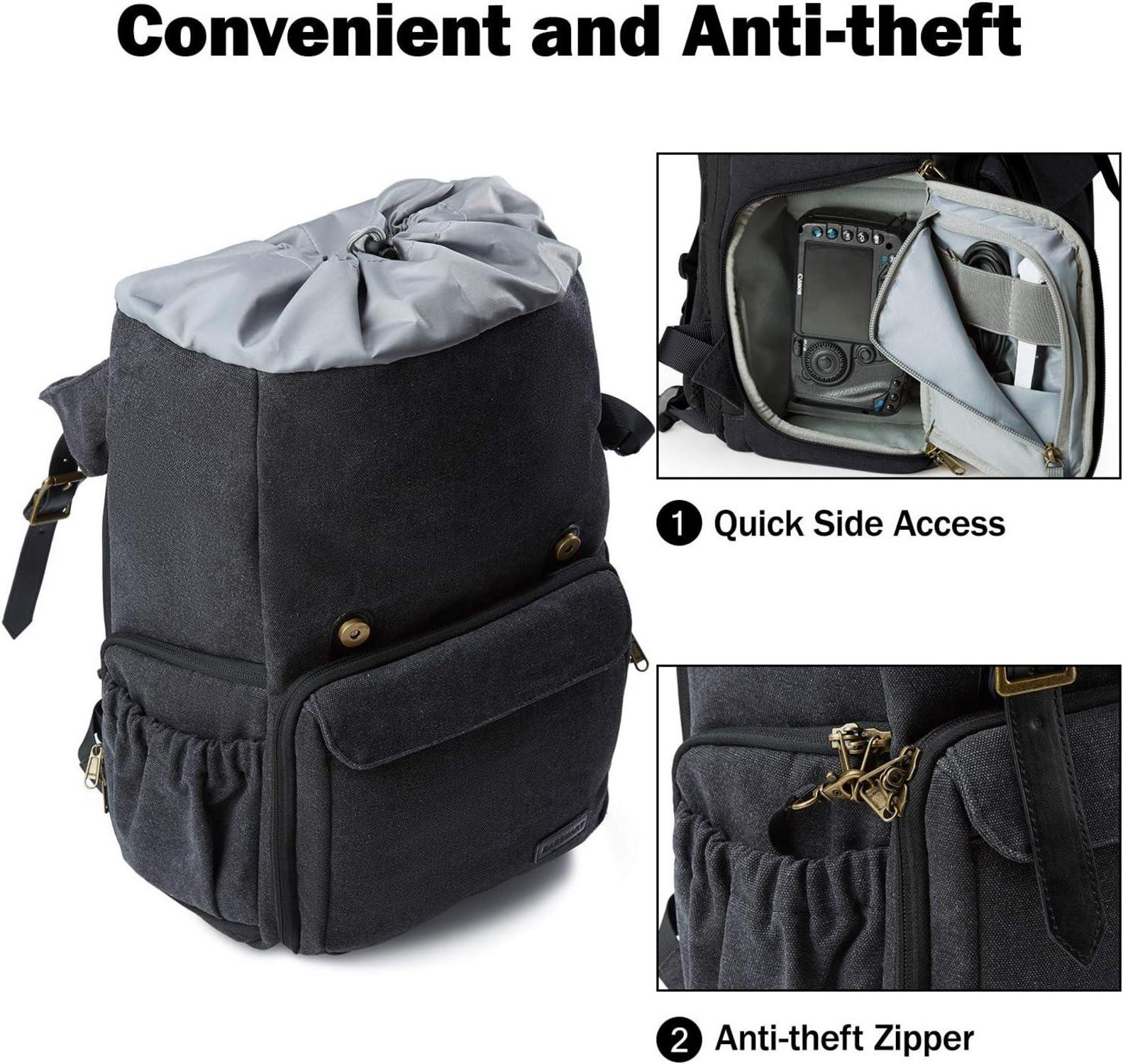 Fotorucksack DSLR Kamerarucksack Canvas Diebstahlsicher wasserabweisend 15 Zoll LaptopUILTObjektive Zubehör Stativ schwarz