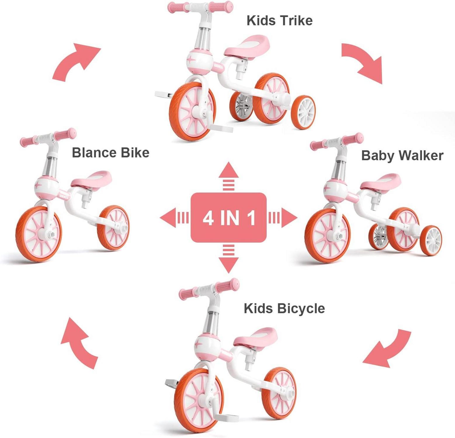 4 in 1 Laufrad Kinderdreirad Lauffahrrad ab 1-4 Jahren Rosa