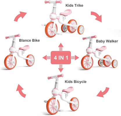 4 in 1 Laufrad Kinderdreirad Lauffahrrad ab 1-4 Jahren Rosa