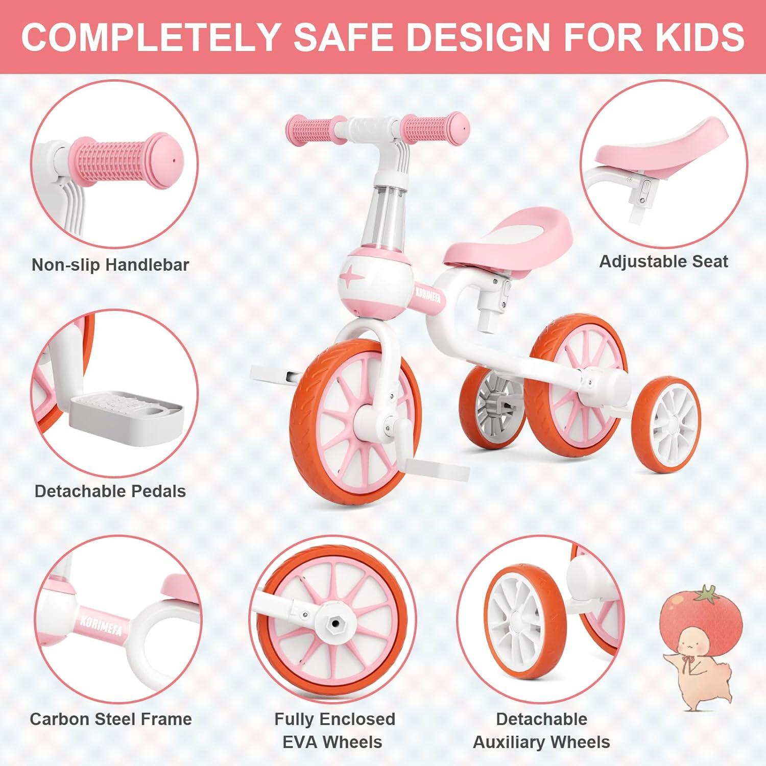 KORIMEFA 4 in 1 Laufräder Kinderdreirad Lauffahrrad Rosa 1-4 Jahre