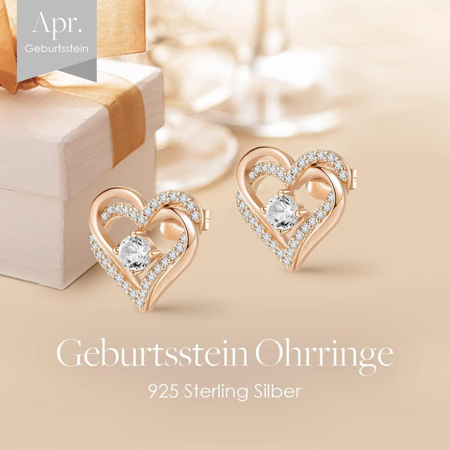 Damen Ohrringe 925 Sterling Silber Herz Geburtsstein