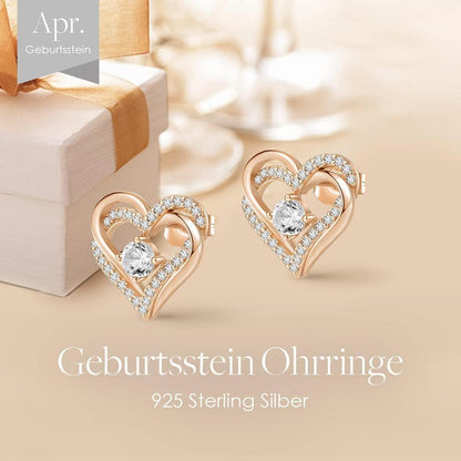 Damen Ohrringe 925 Sterling Silber Herz Geburtsstein