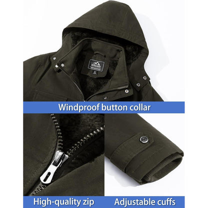 Herren Winter Fleecejacke mit Kapuze – Outdoor Cargojacke Armeegrün