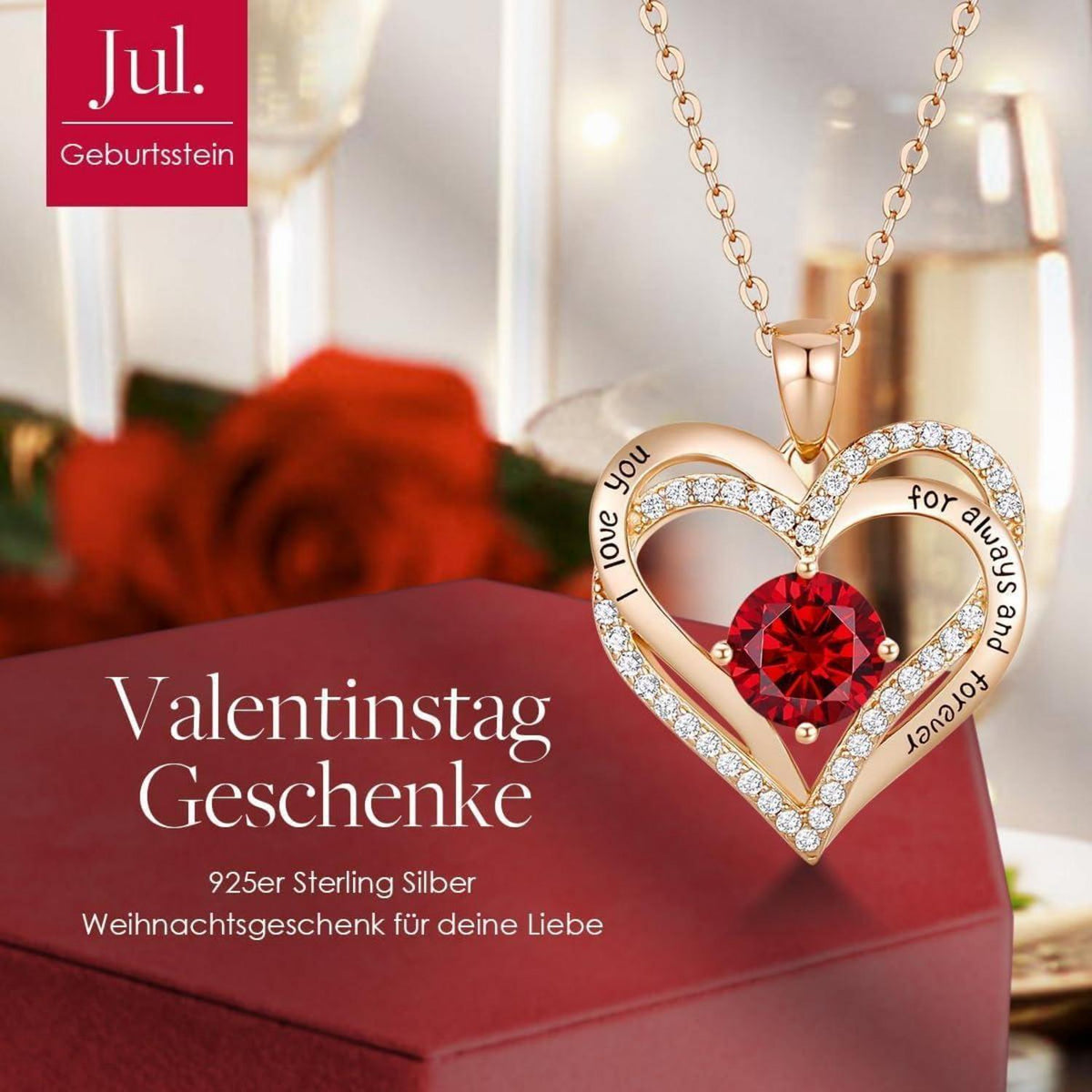 Herz Halskette 925 Sterling Silber Rosegold mit Zirkonia & Geburtsstein