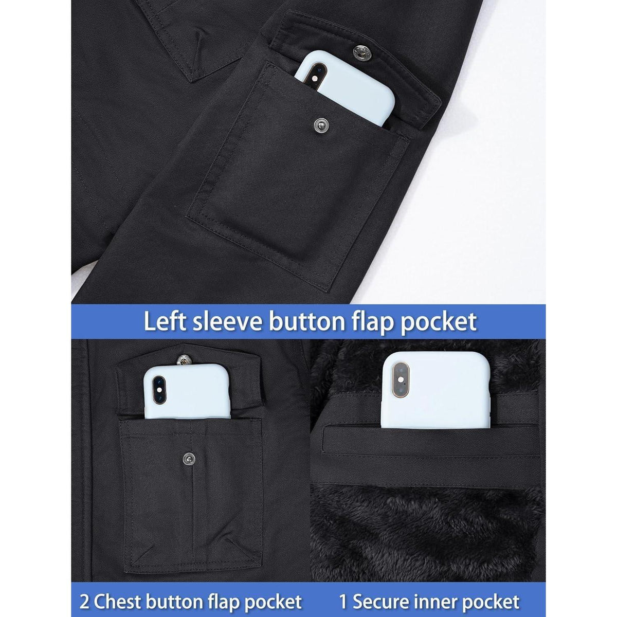 Herren Winterjacke Fleecegefüttert Cargotasche Grau