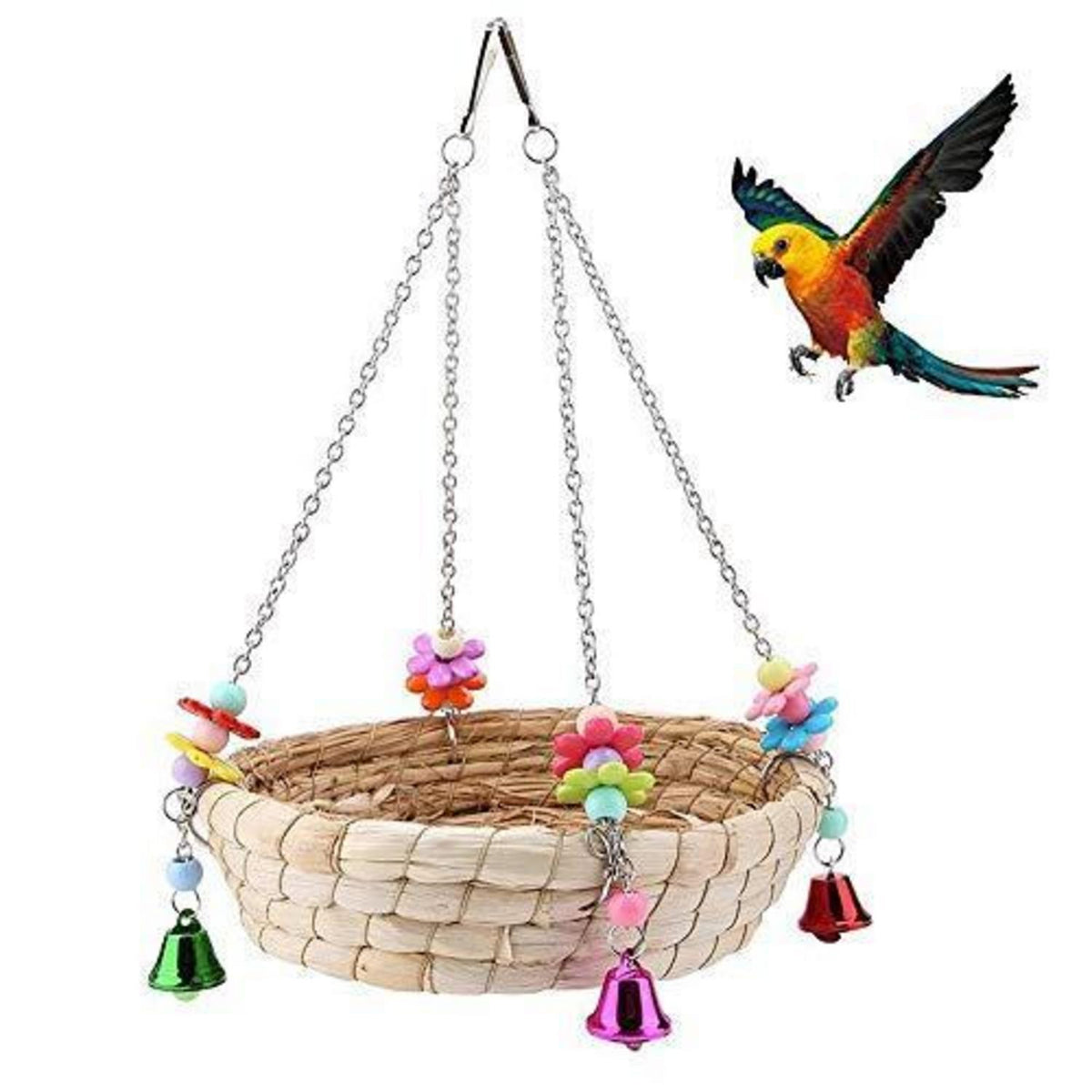 Handgewebtes Vogelnest aus Stroh mit Glocken