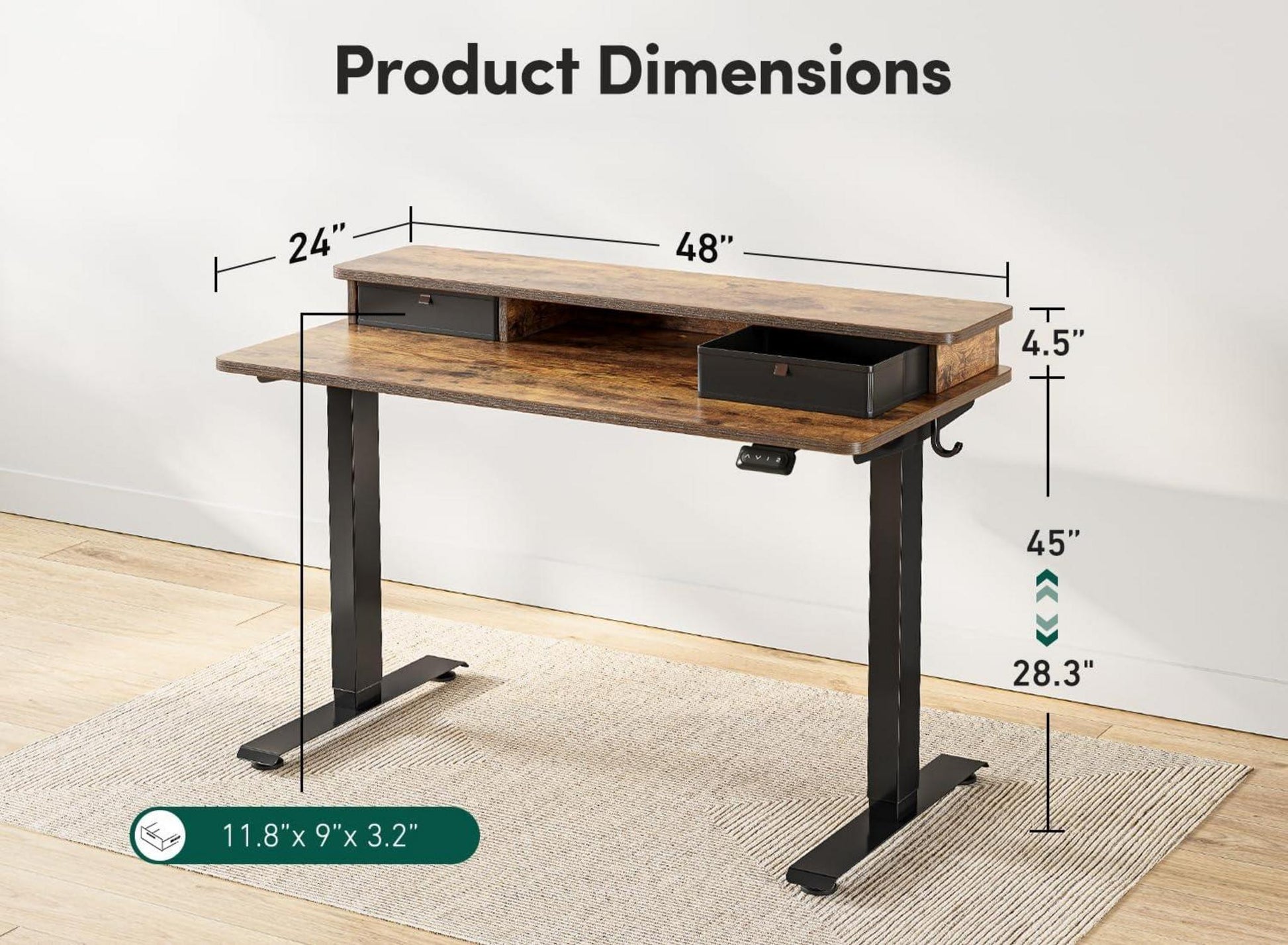 FEZIBO Elektrischer Stehtisch Doppelschublade 120 x 60 cm Rustikal