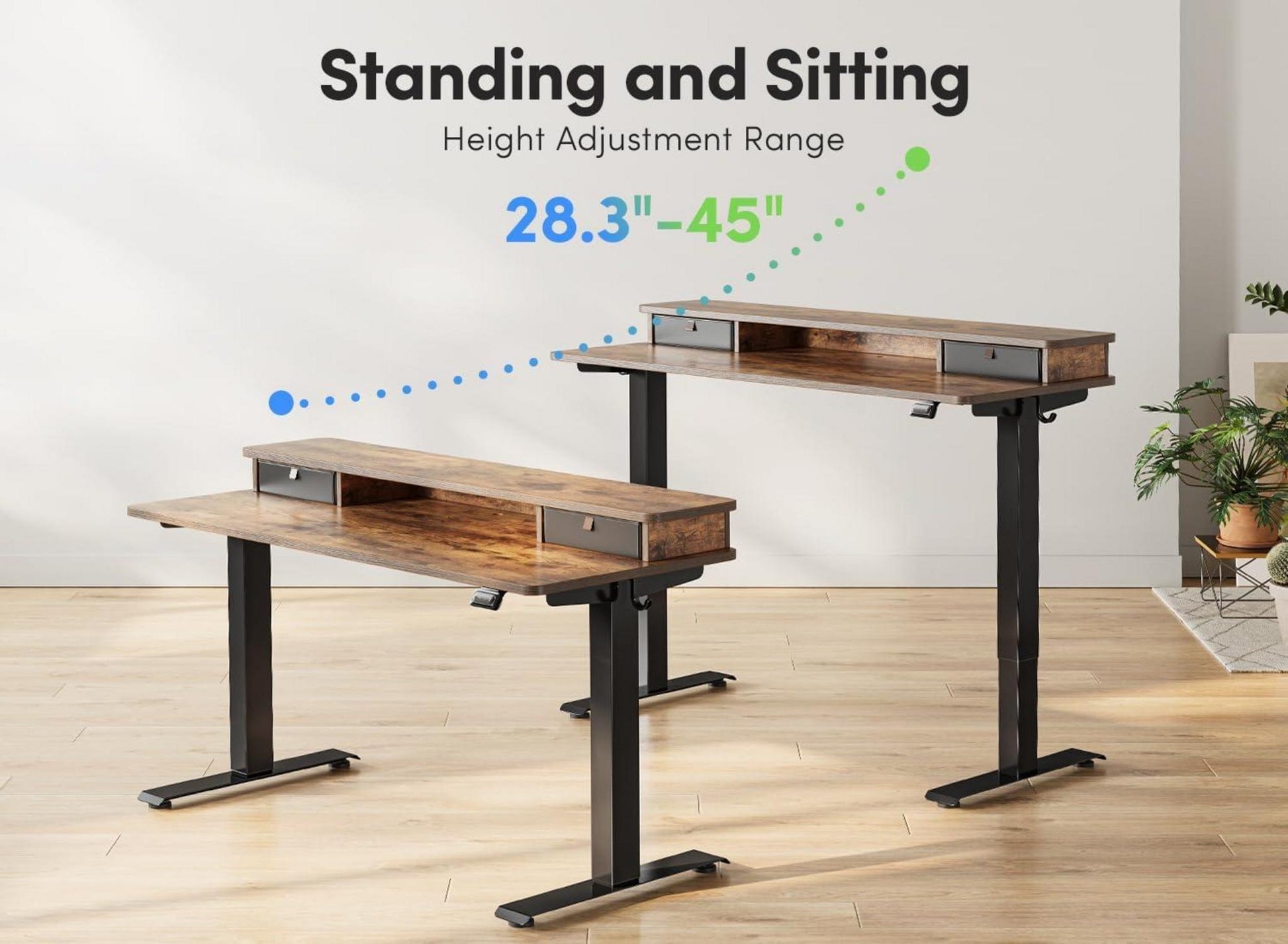 FEZIBO Elektrischer Stehtisch Doppelschublade 120x60 cm Ablagefach Rustikal