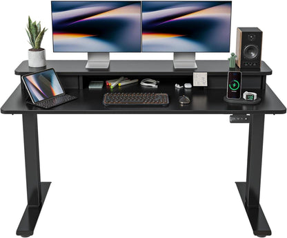 FEZIBO Elektrischer Stehtisch 140x60 cm mit Doppelschublade, Ablage - Schwarz