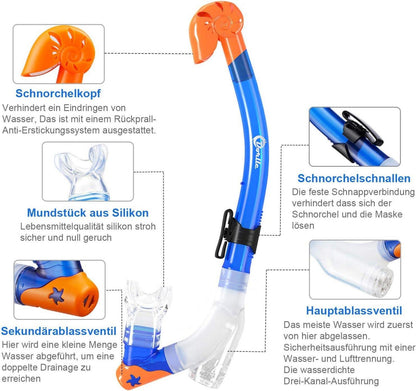 Kinder Schnorchelset mit Dry Schnorchel und Taucherbrille Blau Megaset