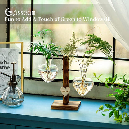 Moderne Herzglas-Hydroponikvase mit Holzständer 2er Set