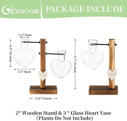 2er Set Herzglas-Hydroponikvasen mit Holzständer, Moderne