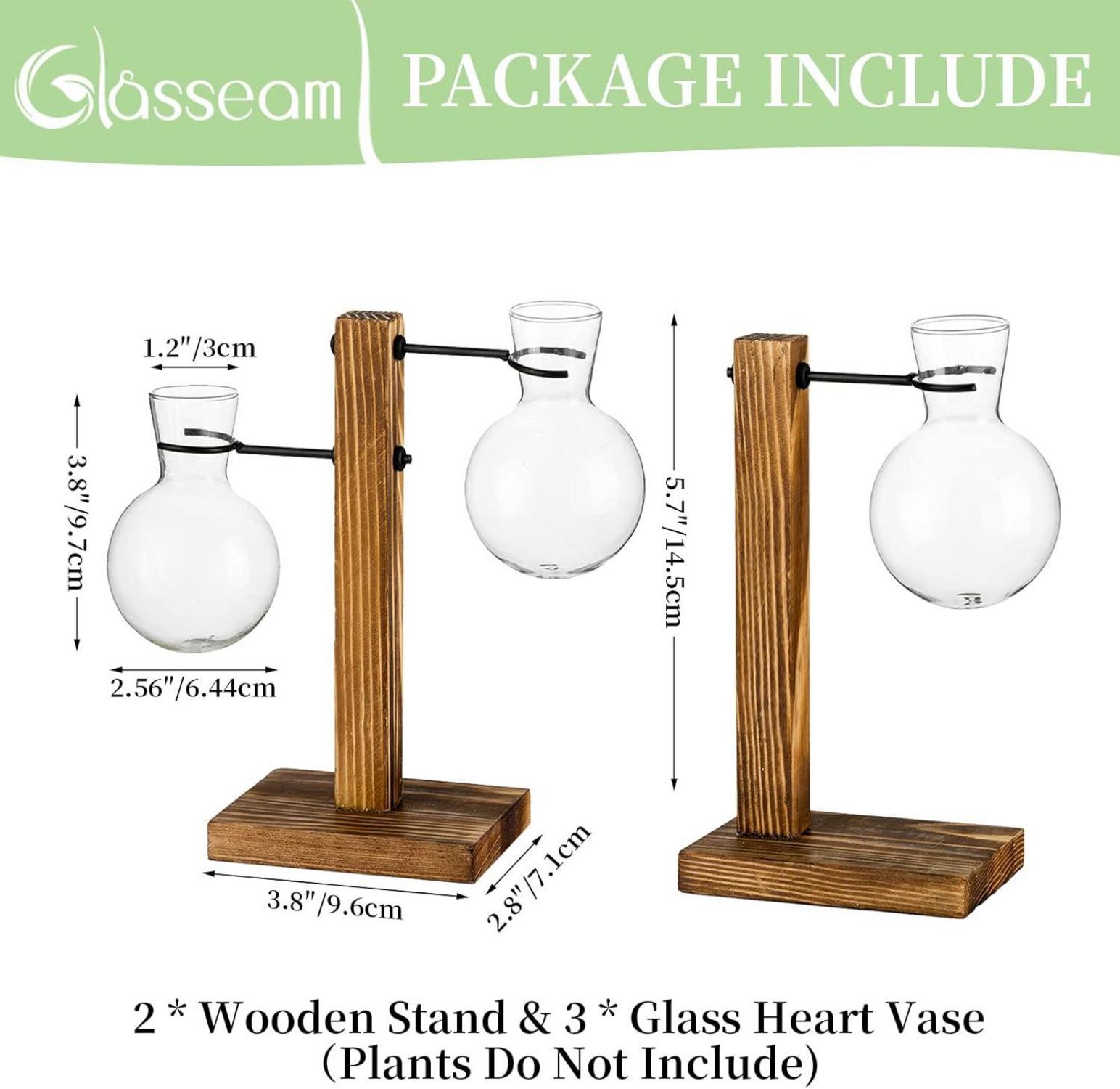 2er Set Glasknospenvase Herzglas Hydroponikvasen Holzständer