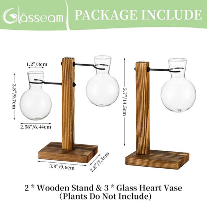 2er Set Glasknospenvase Herzglas Hydroponikvasen Holzständer
