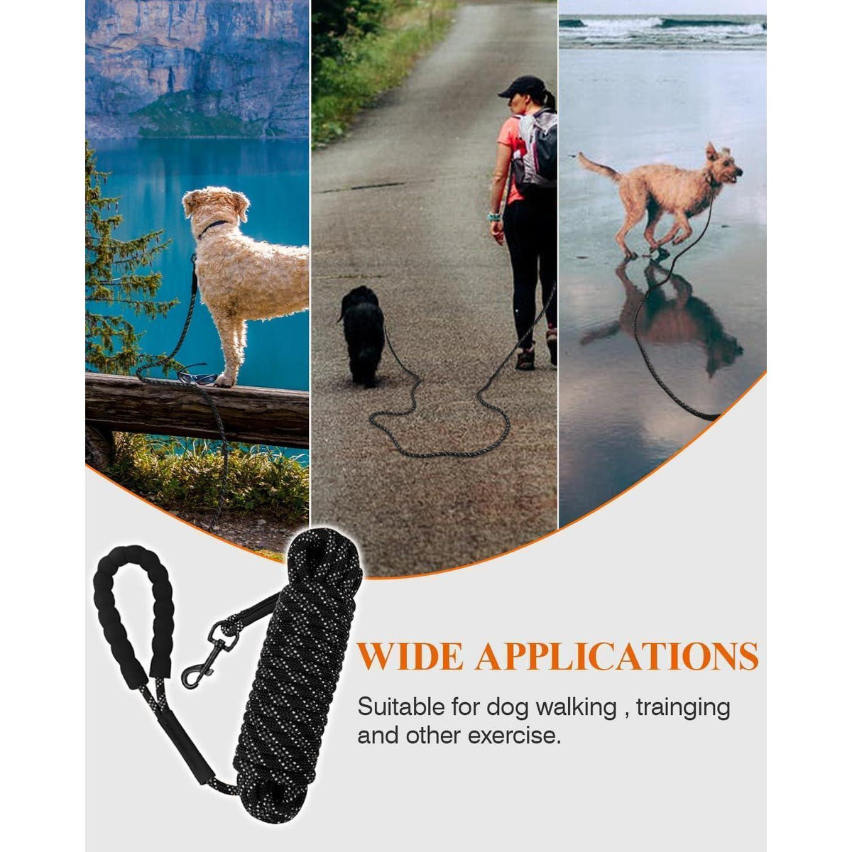 Schleppleine 10m für Hunde | Reflektierend | Gepolsterter Griff | 8mm Schwarz