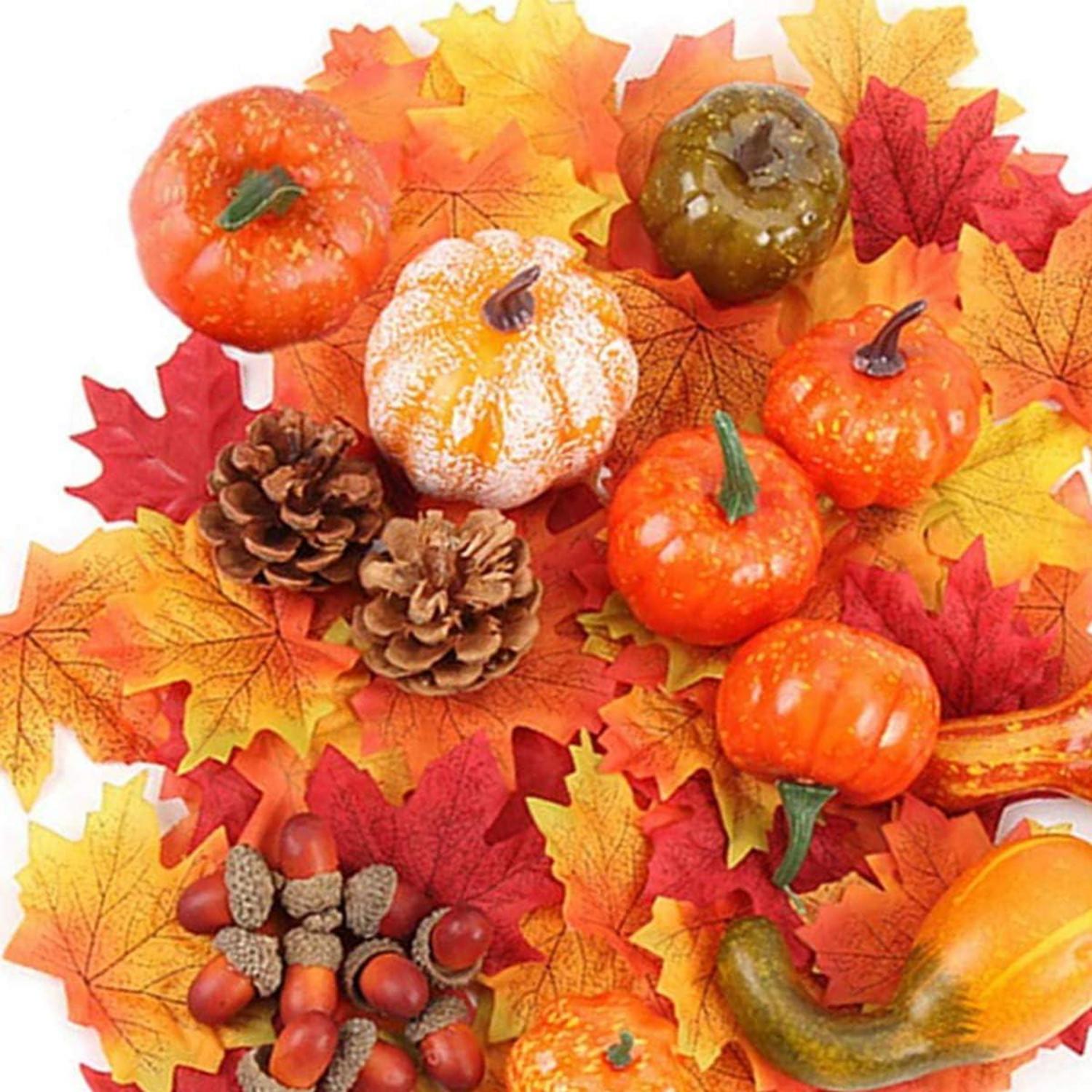 Herbstdekoration 100 Stück Mini Kürbisse Eicheln Künstliche Blätter Halloween