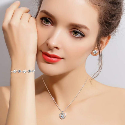 Schmuck Set Damen Silber 925 mit 5A Zirkonia Herz Halskette, Klee